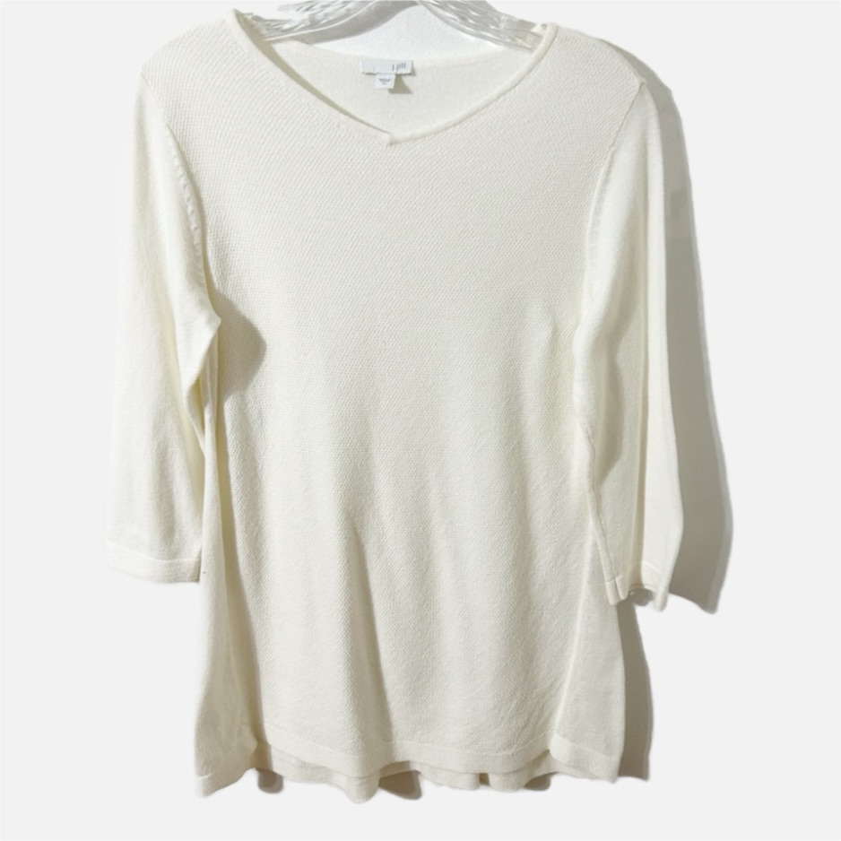 J. Jill Soft Cream Waffle And Sweater Knit Tunic Top 3/4 Sleeves Rounded V-Neck